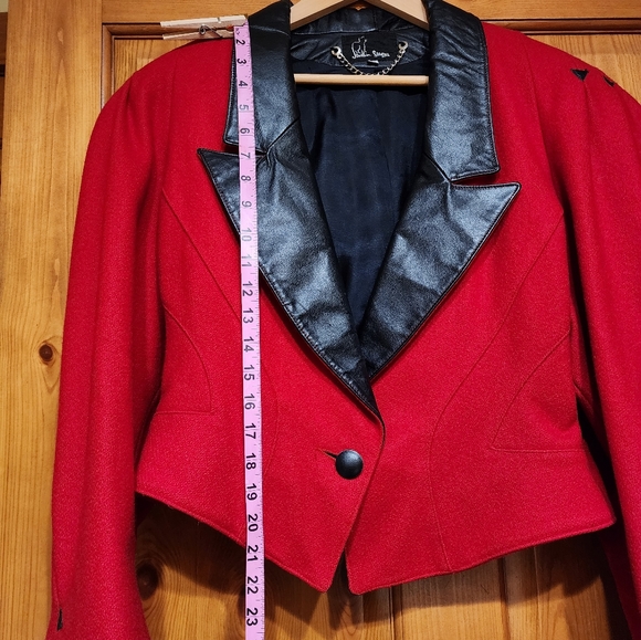 Jonathan Stevens Vintage Cropped Red Wool and  Leather Jacket, Size L - Picture 13 of 13